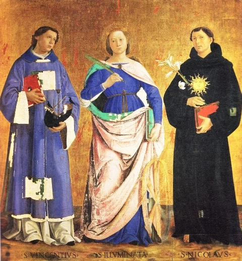 2-Antoniazzo Romano-Pala di Montefalco-(SS. Vincenzo, Illuminata, Nicola da Tolentino) -Montefalco ex chiesa di San_Francesco-1480ca - Antoniazzo Romano